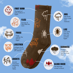 Brown socks with illustrations of plagues from the Book of Exodus against a blue sky background.
