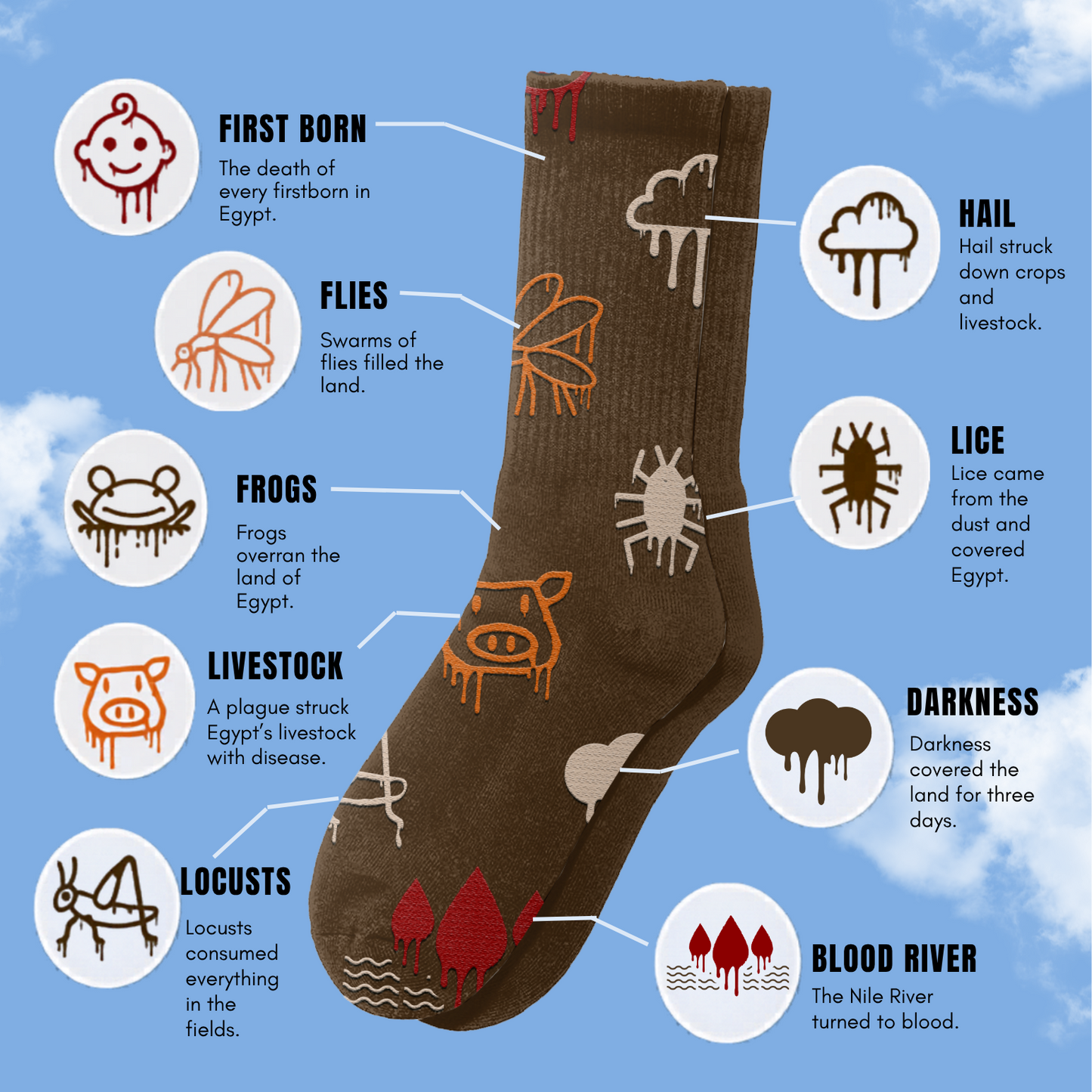 Brown socks with illustrations of plagues from the Book of Exodus against a blue sky background.