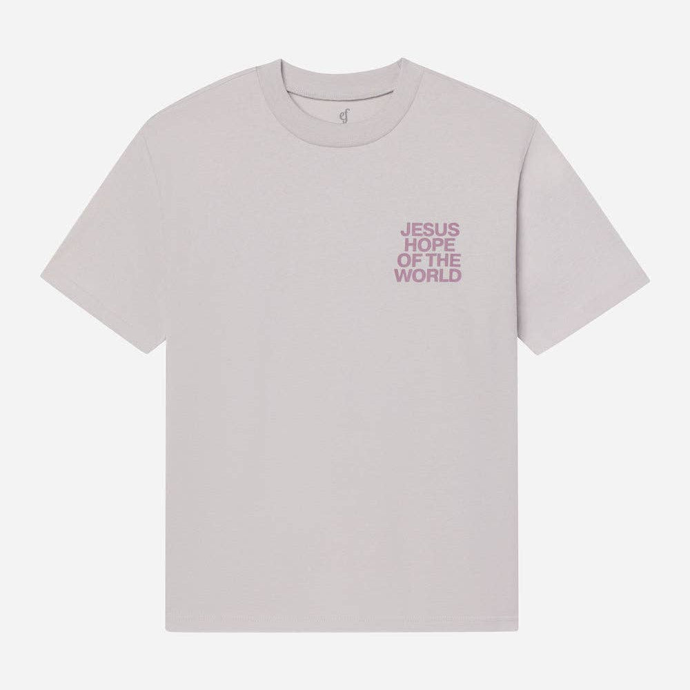 Light gray t-shirt with 'Jesus Hope of the World' text on a white background