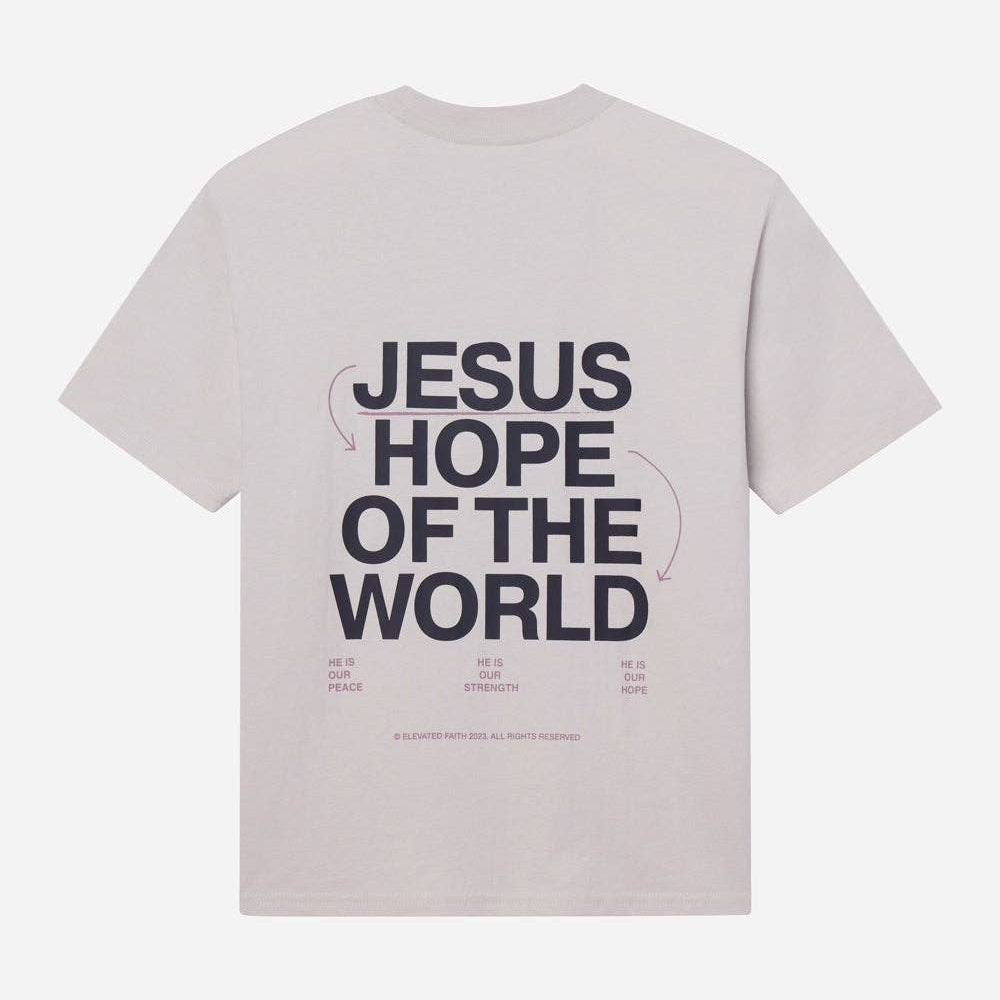 Light gray t-shirt with 'Jesus Hope of the World' text on a white background