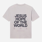 Light gray t-shirt with 'Jesus Hope of the World' text on a white background