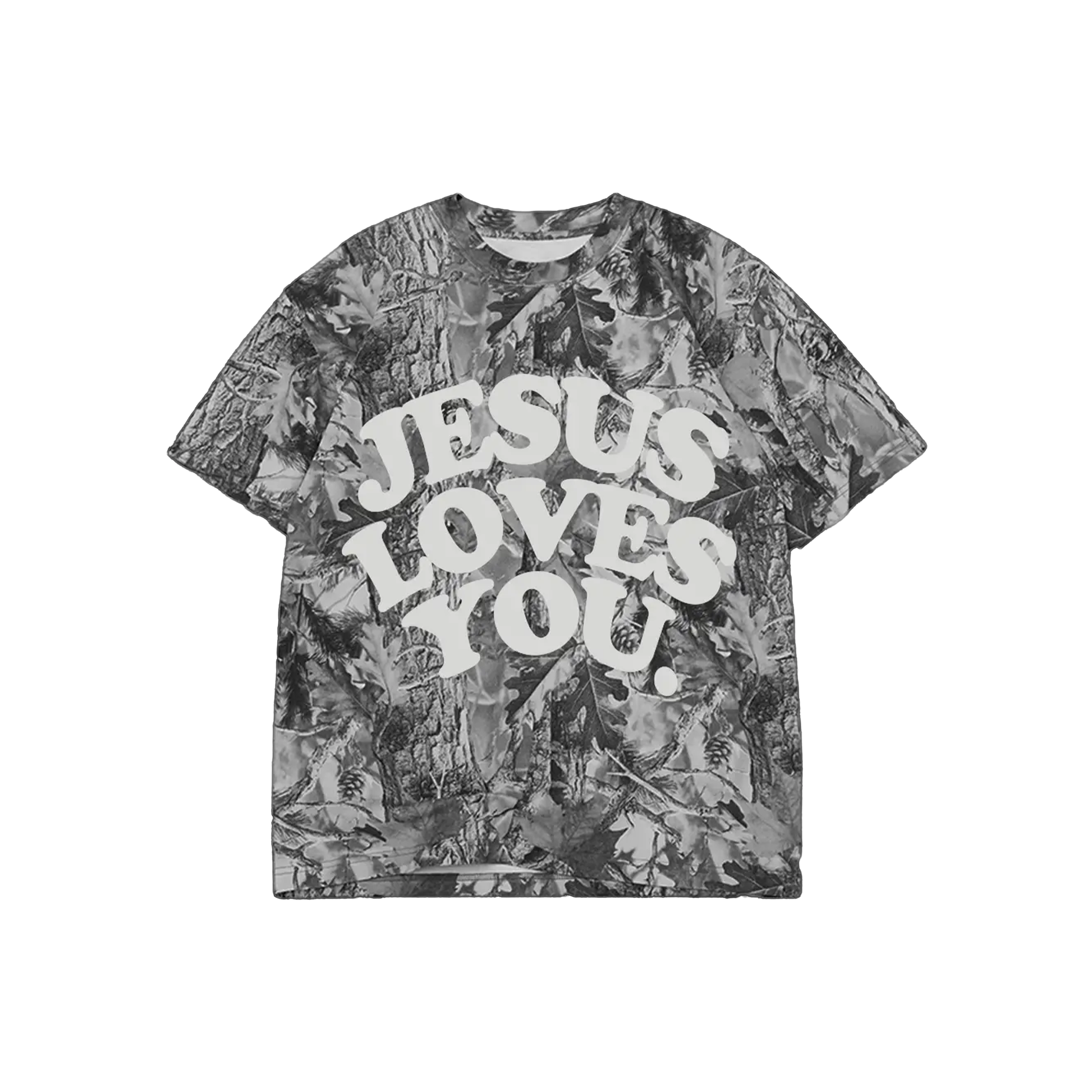 T-shirt with 'Jesus Loves You' text on a camouflage pattern