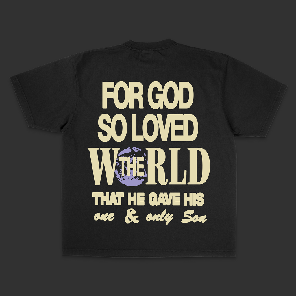 Black t-shirt with yellow text on a dark background