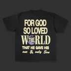 Black t-shirt with yellow text on a dark background